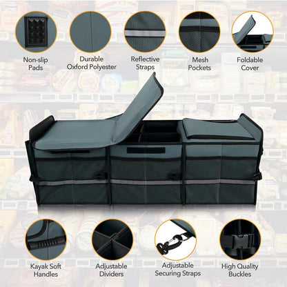 Trunk Organizer With Built-in Leakproof Cooler Bag, 2 Tie-Down Straps, 4 Removable Dividers, Foldable Cover, Built with 2mm PE Board, Gray