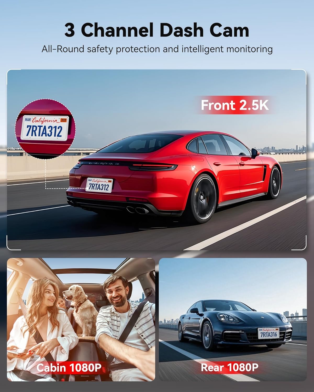 REDTIGER A3 3 Channel Dash Cam Front Rear, 1440P+1080P+1080P Dash Camera, Support Arabic language, Included 32GB Card, 24H Parking Mode, 3.18''Screen Car Camera, WiFi, IR Night Vision, Loop Recording