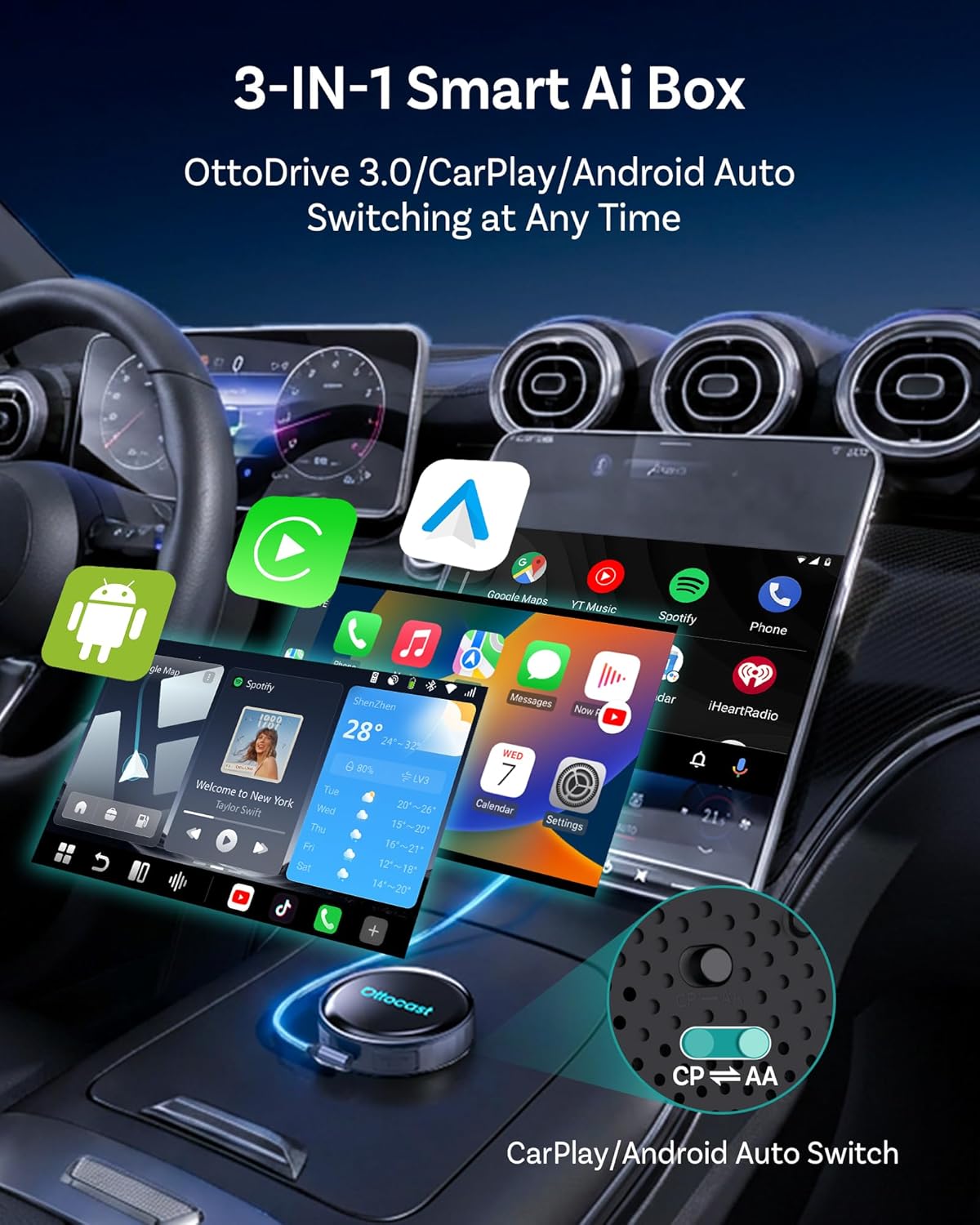 Ottocast P3 Pro OttoAibox Smart AI Car Box with Voice Assistant, Wireless CarPlay & Android Auto, HDMI Out, 5G WiFi Bluetooth 6, Cloud SIM, Split-Screen, Android 13 System
