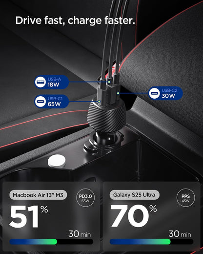 Spigen ArcStation Essential 113W USB C Fast Car Charger [E-Marker Cable Included] 3 Ports Mini Cigarette Lighter Charger, Compatible with iPhone 17 16 Pro Max Samsung S25 Ultra Pixel 10 Pro XL Fold