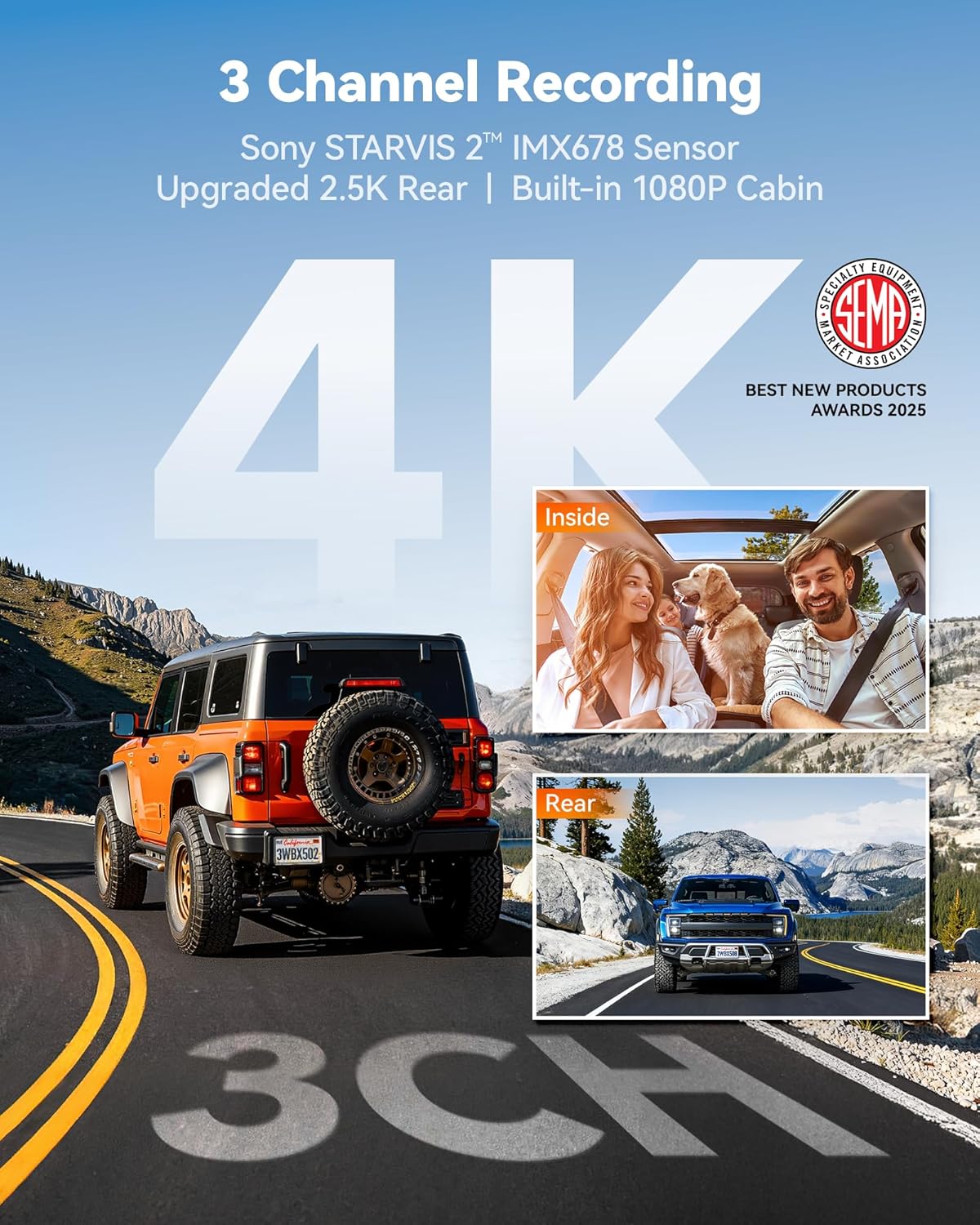 WOLFBOX X5 New 3 Channel 4K HDR Dash Cam, STARVIS 2 IMX678,4K+2.5K+1080P Front and Rear Inside Car Camera with 128GB Card, Voice Control, 5.8GHz WiFi GPS, Touch Screen, Digital Signal, Support 512GB