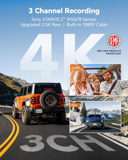 WOLFBOX X5 New 3 Channel 4K HDR Dash Cam, STARVIS 2 IMX678,4K+2.5K+1080P Front and Rear Inside Car Camera with 128GB Card, Voice Control, 5.8GHz WiFi GPS, Touch Screen, Digital Signal, Support 512GB