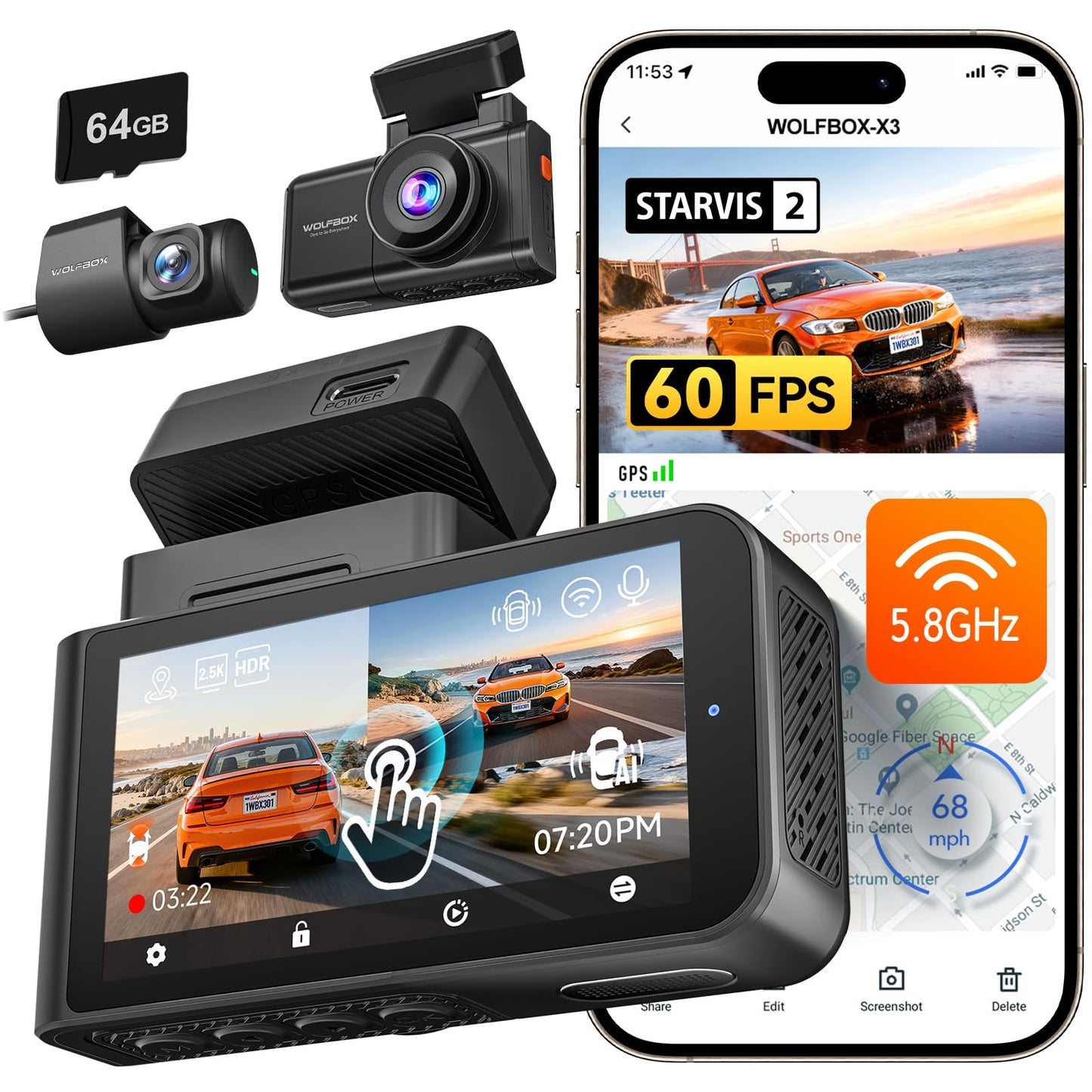 WOLFBOX X3 2.5K 60FPS Dash Camera, STARVIS 2 IMX675 with ADAS, 2.5K+1080P Dual Dashcam Front and Rear Camera, Built-in 5.8GHz WiFi & GPS, Included 64GB Card, Touch Screen, G-Sensor, Loop Recording