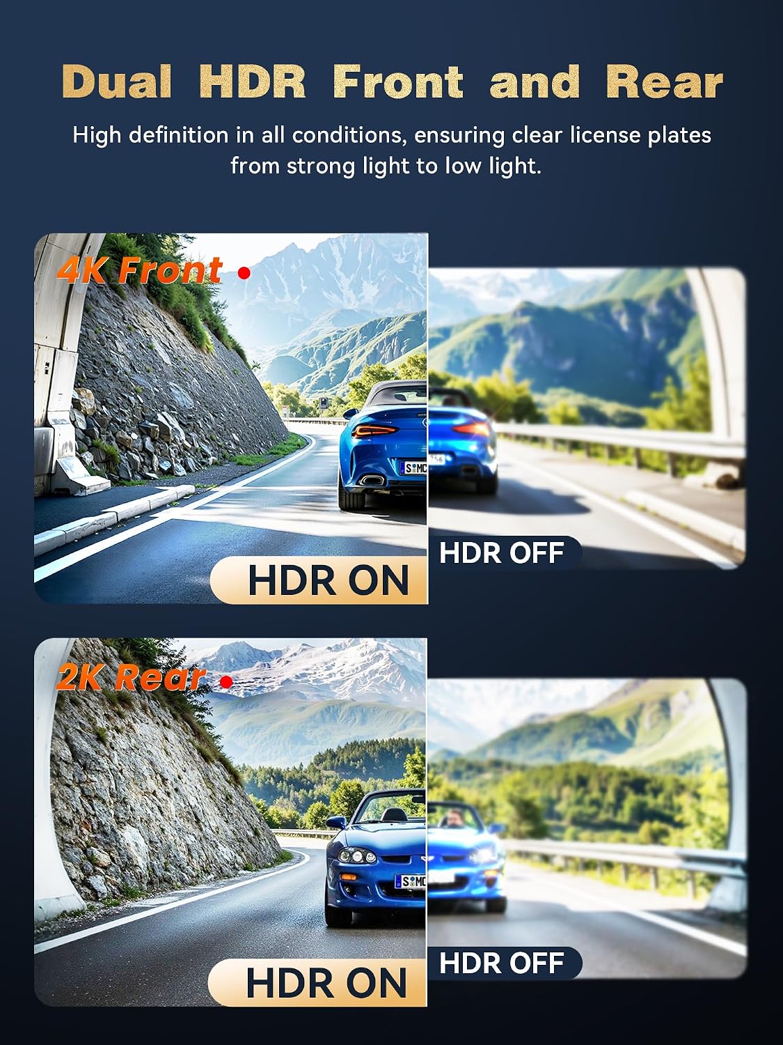 كاميرا لوحة القيادة 4K + 2K من دديباي للسيارات، كاميرا داش مزدوجة STARVIS 2 IMX678 HDR، كاميرا سيارة أمامية وخلفية بسعة 64G eMMC مجانية، 60 إطارًا في الثانية، واي فاي 5G، GPS، شاشة IPS 3 بوصات، رؤية