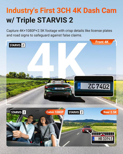 Vantrue N4 Pro S 4K 3 Channel Dash Cam w/Triple STARVIS 2, 4K+1080P+2.5K Front Inside Rear Dash Camera, HDR IR Night Vision, Voice Control, 24/7 Parking Mode, GPS, Wi-Fi, Support 1TB