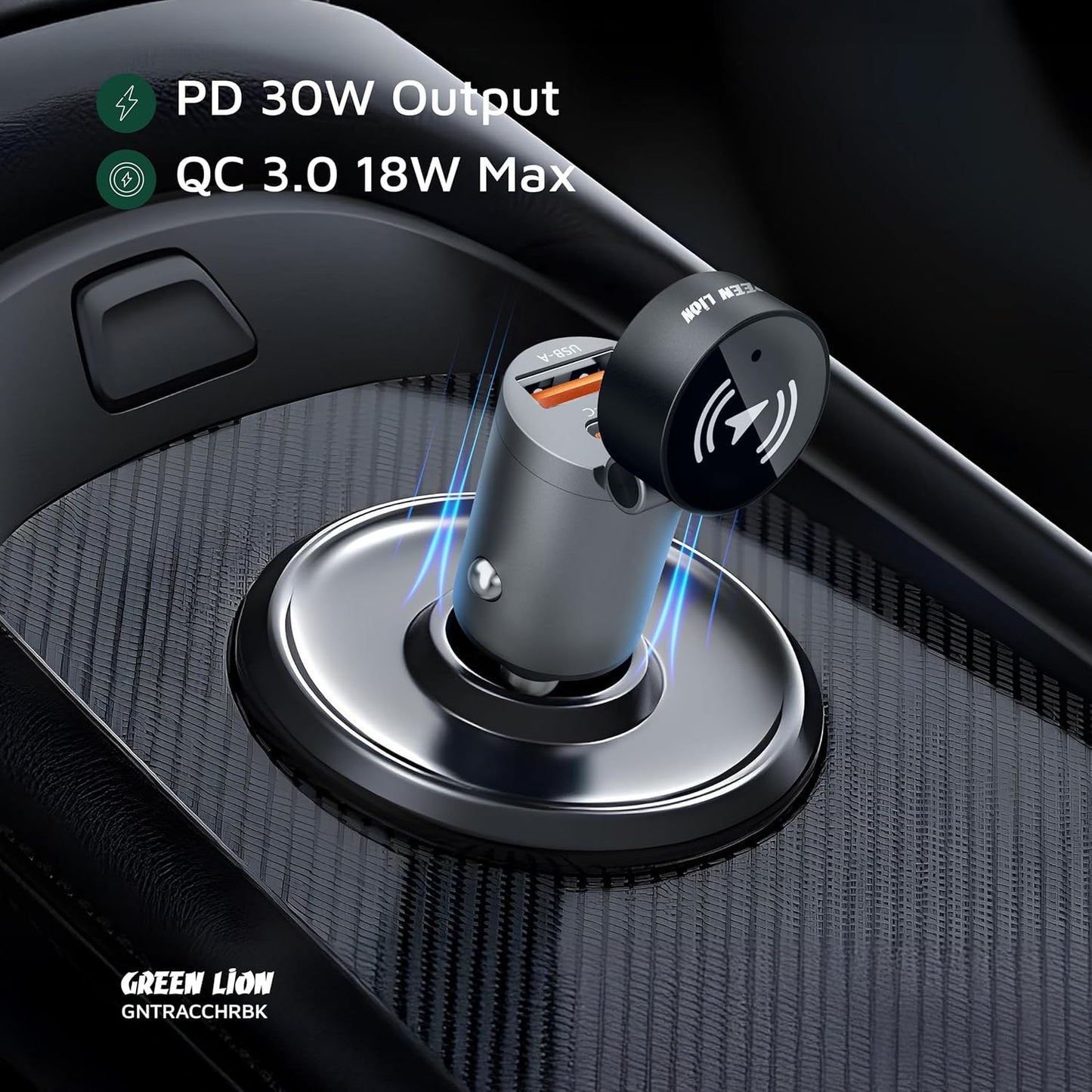 جرين ليون شاحن سيارة بمنفذين مع جهاز تعقب، خرج PD 30 واط، QC 3.0 بحد أقصى 18 واط، يعمل مع تطبيق Find My من Apple (iOS فقط)، 45 يومًا في وضع الاستعداد، تبديد الحرارة، منافذ Type-C وUSB-A، بلوتوث V5.2