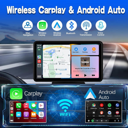 BuonaIdea Wireless Double Din Car Stereo Compatible with Apple Carplay and Android Car, 7 Inch HD Portable Bluetooth Carplay Touch Screen for Car,with Car Play Dash Mount and Backup Camera
