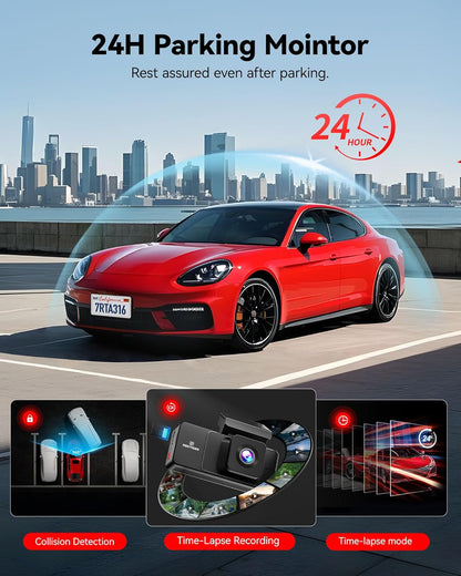 REDTIGER A3 3 Channel Dash Cam Front Rear, 1440P+1080P+1080P Dash Camera, Support Arabic language, Included 32GB Card, 24H Parking Mode, 3.18''Screen Car Camera, WiFi, IR Night Vision, Loop Recording