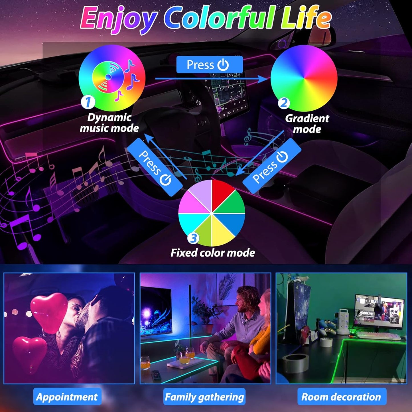 شريط إضاءة LED داخلي للسيارة، إضاءة محيطة LED بألوان RGB بـ 16 مليون لون من الألياف الضوئية وإيقاع مزامنة الموسيقى، ملحقات إضاءة LED نيون USB للوحة التحكم المركزية ولوحة القيادة، نسخة مطورة