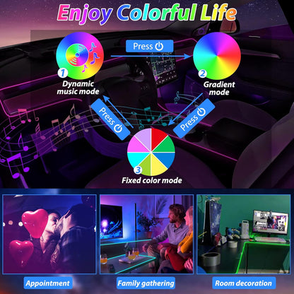 شريط إضاءة LED داخلي للسيارة، إضاءة محيطة LED بألوان RGB بـ 16 مليون لون من الألياف الضوئية وإيقاع مزامنة الموسيقى، ملحقات إضاءة LED نيون USB للوحة التحكم المركزية ولوحة القيادة، نسخة مطورة