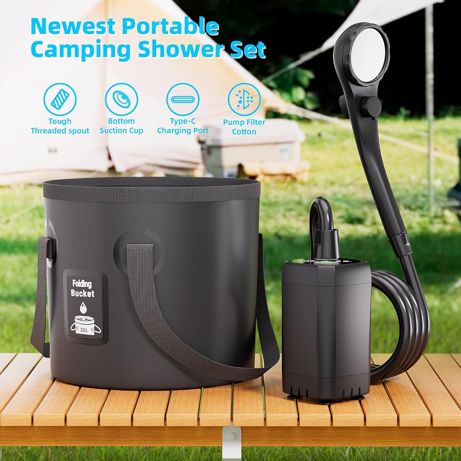 Portable Shower, 6000mAh Rechargeable Camping Shower Pump with 20L Foldable Bucket, Outdoor Shower for Hiking Beach, Travel, Pet Bath, Car Washing, Surf & Boat Cleaning