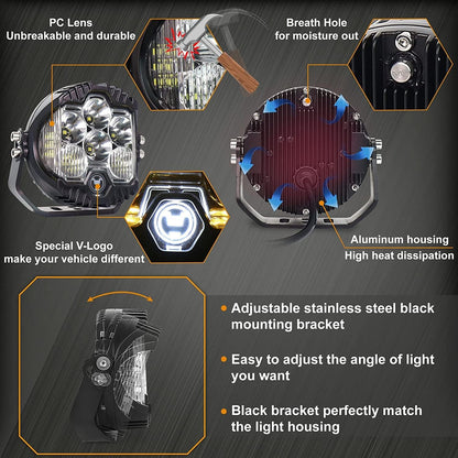مصباح LED للطرق الوعرة مقاس 5 انش، مقاوم للماء بتصنيف IP67 لمقاومة المياه والغبار مع ضوء كهرماني دي ار ال للسيارات والشاحنات والجرار 4×4 وسيارات الدفع الرباعي وايه تي في والقارب، عبوة من قطعة