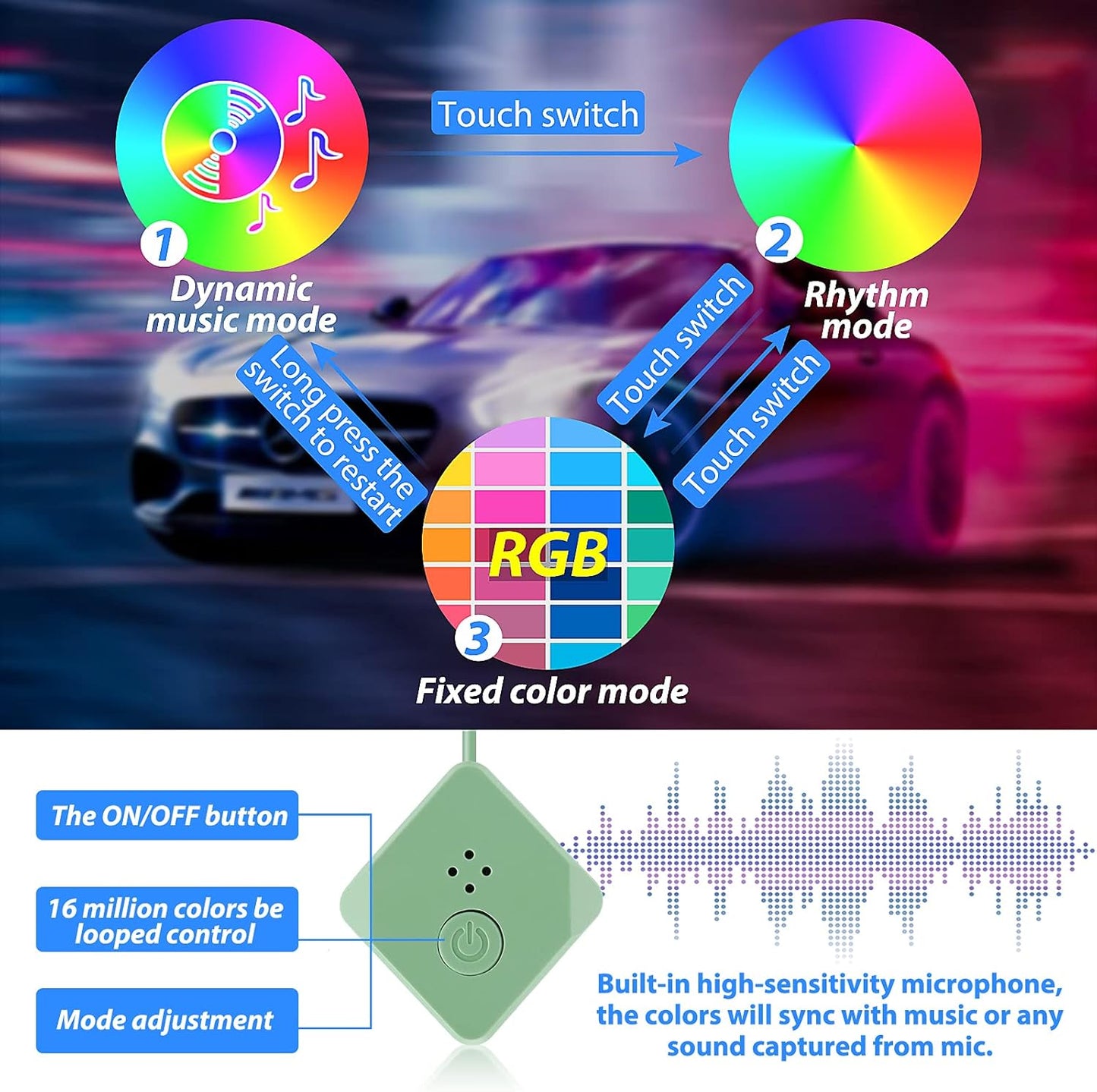 شريط إضاءة LED داخلي للسيارة، إضاءة محيطة LED بألوان RGB بـ 16 مليون لون من الألياف الضوئية وإيقاع مزامنة الموسيقى، ملحقات إضاءة LED نيون USB للوحة التحكم المركزية ولوحة القيادة، نسخة مطورة