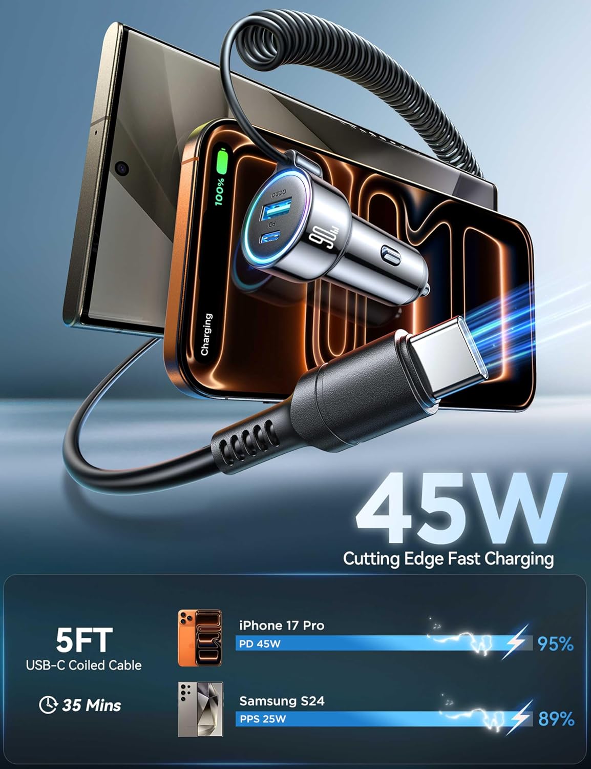 شاحن سيارة 2026 90 واط 3 منافذ USB C، PD3.0 وQC3.0، مقبس ولاعة سجائر USB C فائق السرعة مع 5 قدم [حافظ على الترتيب] كيبل ملفوف سريع 45 واط من النوع C لايفون 17 وسامسونج S25