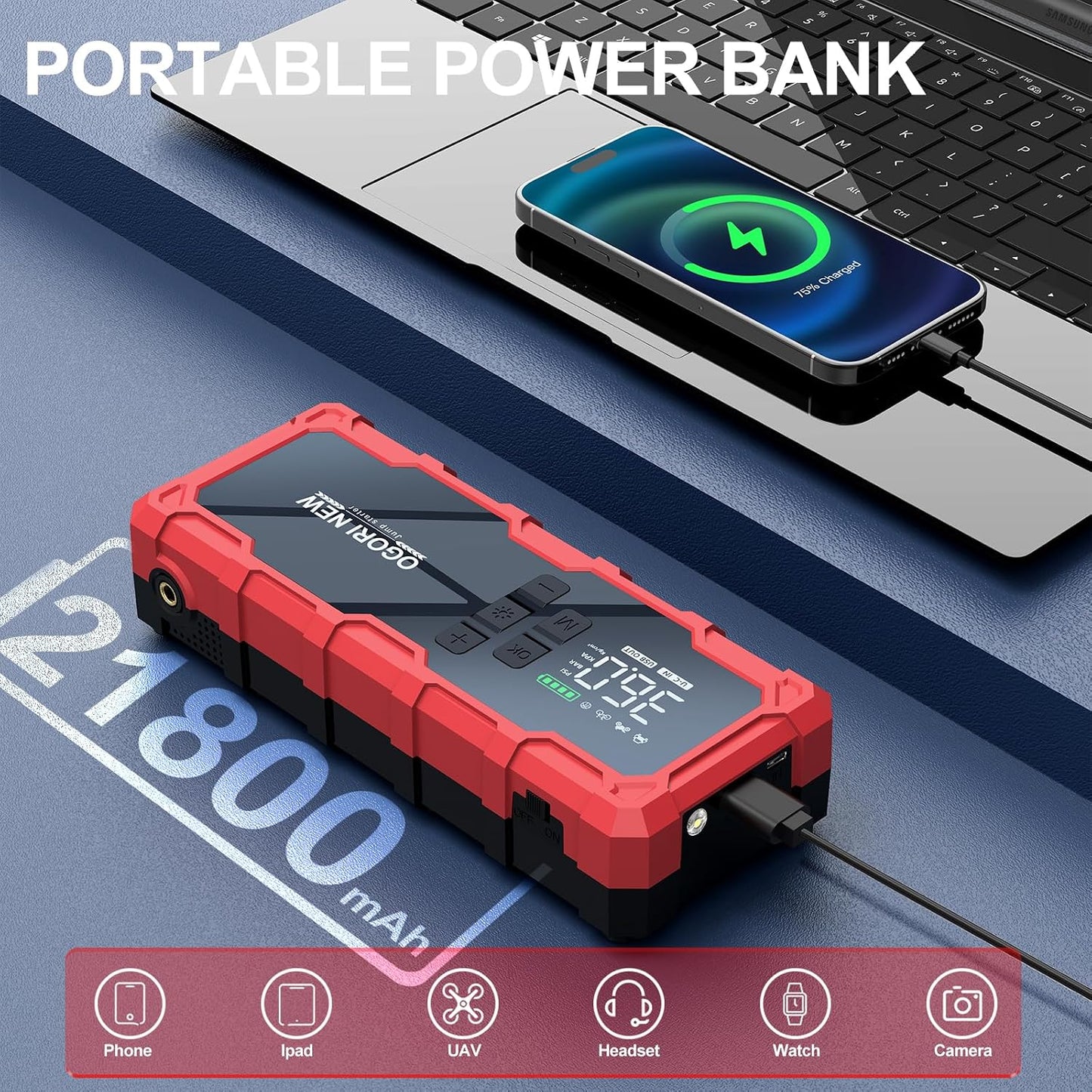 مشغل جامب ستارتر 7000 امبير مع ضاغط هواء، 21800mAh 150PSI بطارية سيارة محمولة (جميع الغاز/16 لتر ديزل)، صندوق قفز امن للغاية 12 فولت معزز بطارية السيارة مع كيبلات توصيل ومصابيح