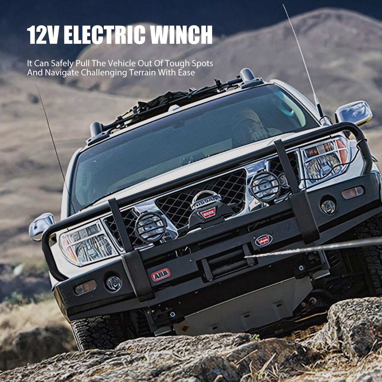 4000Lb Electric Winch 12V, Electric Recovery Winch Kit with Off-Road Waterproof Steel Cable, Suitable for Towing, Off-Road and Rescue of ATV, UTV, Trucks and Trailers, Etc