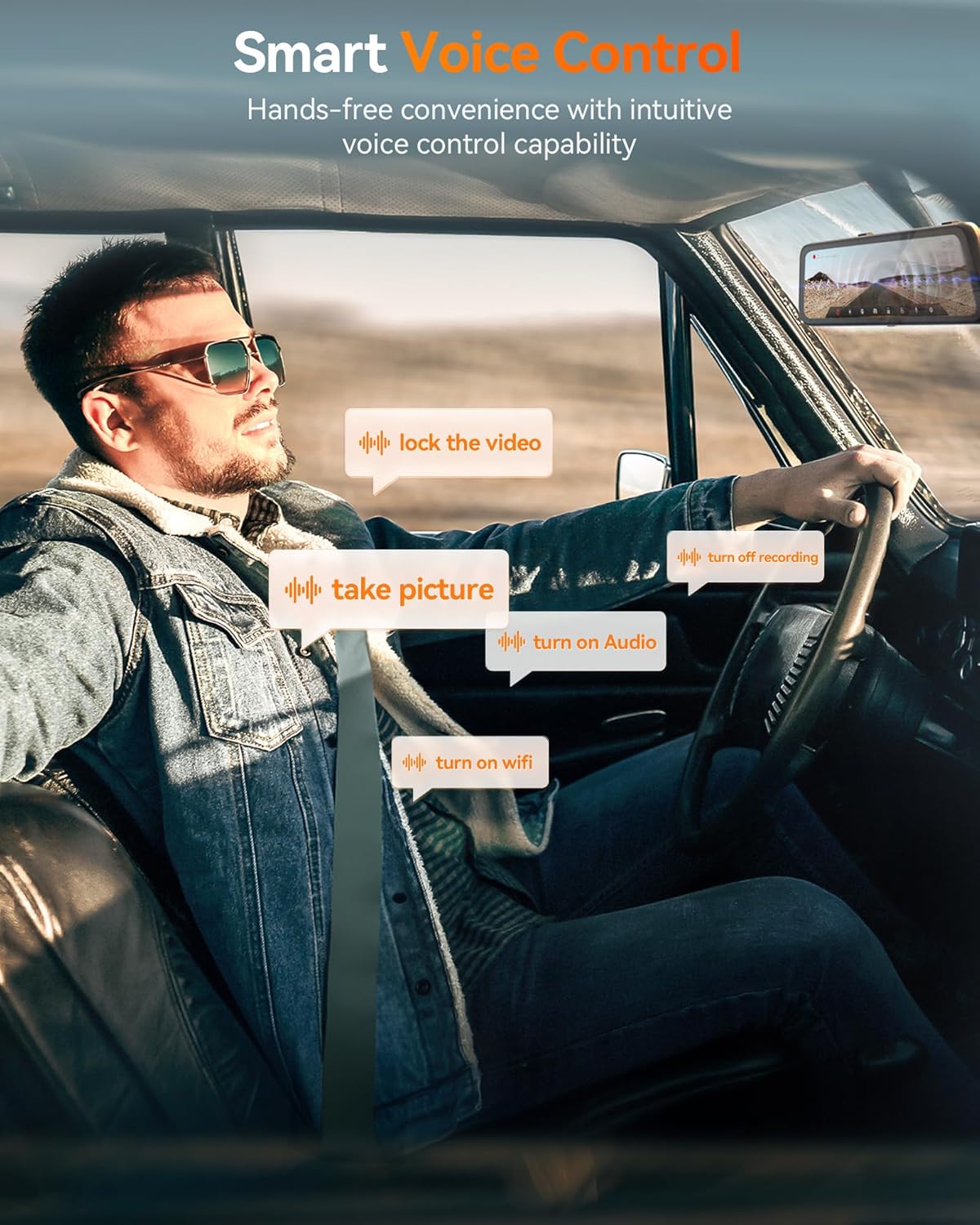 WOLFBOX G900 PRO Mirror Dash Cam with STARVIS 2 IMX678 features a 12-inch mirror, 4K front and 2.5K rear recording. Includes 128GB card, voice control, 5.8GHz WiFi, loop recording, G-sensor, and GPS