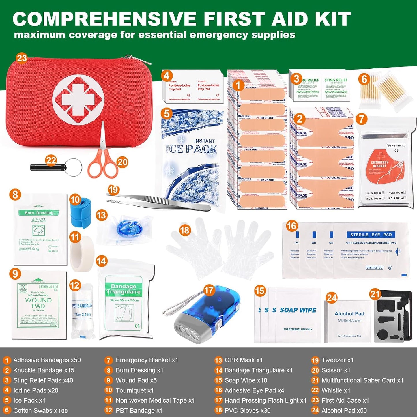 SYOSI First Aid Kit, 338 Pcs Waterproof Emergency Kit Survival Gear Trauma Kit with Essential Emergency Medical Supplies, Suitable for Travel Home Office Vehicle Outdoor Camping Hiking