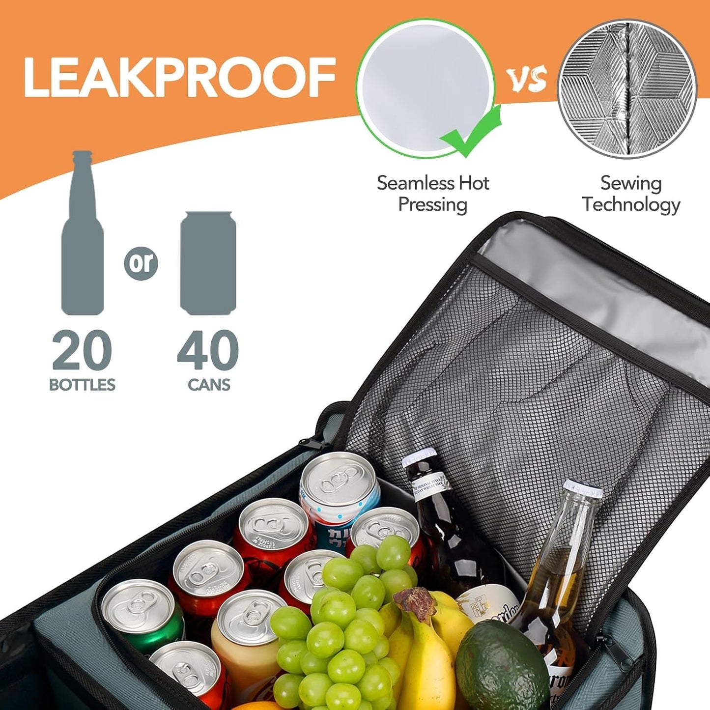 Trunk Organizer With Built-in Leakproof Cooler Bag, 2 Tie-Down Straps, 4 Removable Dividers, Foldable Cover, Built with 2mm PE Board, Gray