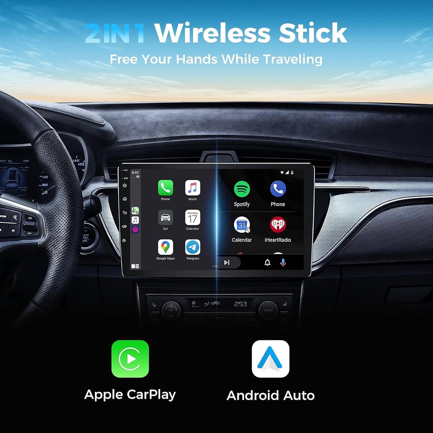 Wireless Carplay Mini Car Play Android Auto Adapter, Metal Design 2-in-1 Convert Wired to Wireless CarPlay Adapter,No Delay and Stable Control Mini Size With Extension USB-C&Type-C (Black)