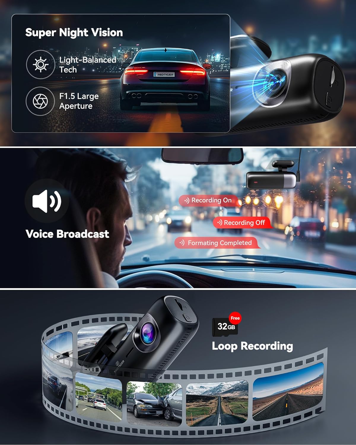 REDTIGER F9 Dash Cam 4K Front and Rear 1080P with Smart App Control,Dual Dash Cam for Cars with 32GB SD Card,GPS,Built-in WiFi,Night Vision,Parking Monitor,Loop Support 256GB Max