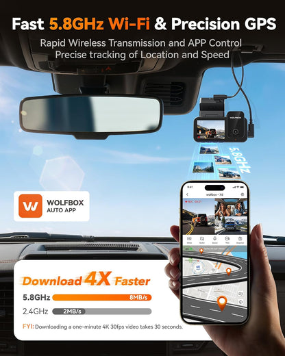 WOLFBOX X5 New 3 Channel 4K HDR Dash Cam, STARVIS 2 IMX678,4K+2.5K+1080P Front and Rear Inside Car Camera with 128GB Card, Voice Control, 5.8GHz WiFi GPS, Touch Screen, Digital Signal, Support 512GB
