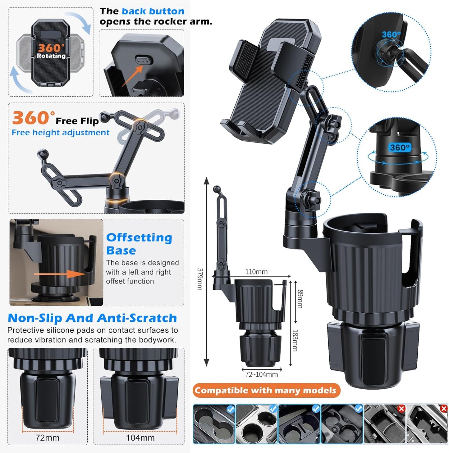 Car Cup Holder Phone Mount, 2-in-1 Universal Stand with Cup Holder Expander, 360° Rotation, Black, ABS Plastic, compatible with iPhone and Android