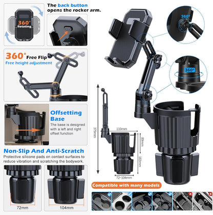 Car Cup Holder Phone Mount, 2-in-1 Universal Stand with Cup Holder Expander, 360° Rotation, Black, ABS Plastic, compatible with iPhone and Android