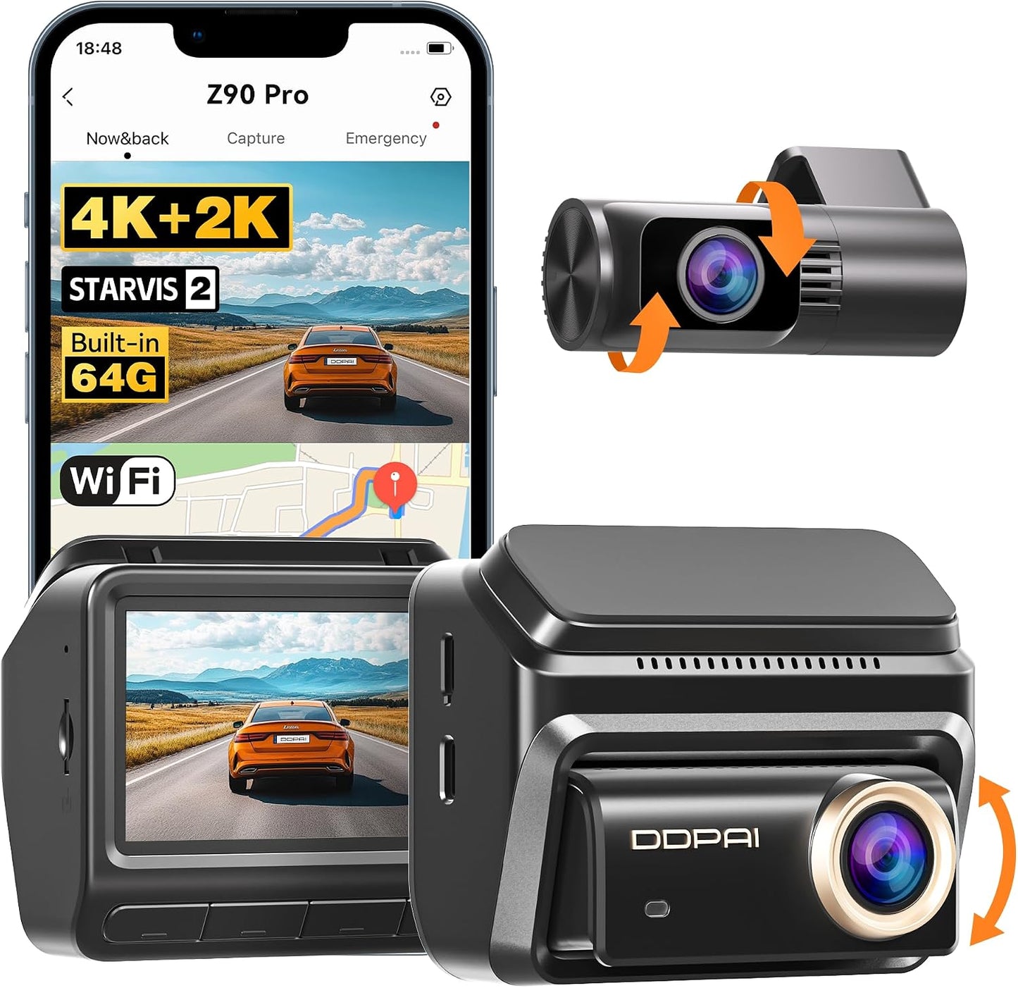 كاميرا لوحة القيادة 4K + 2K من دديباي للسيارات، كاميرا داش مزدوجة STARVIS 2 IMX678 HDR، كاميرا سيارة أمامية وخلفية بسعة 64G eMMC مجانية، 60 إطارًا في الثانية، واي فاي 5G، GPS، شاشة IPS 3 بوصات، رؤية