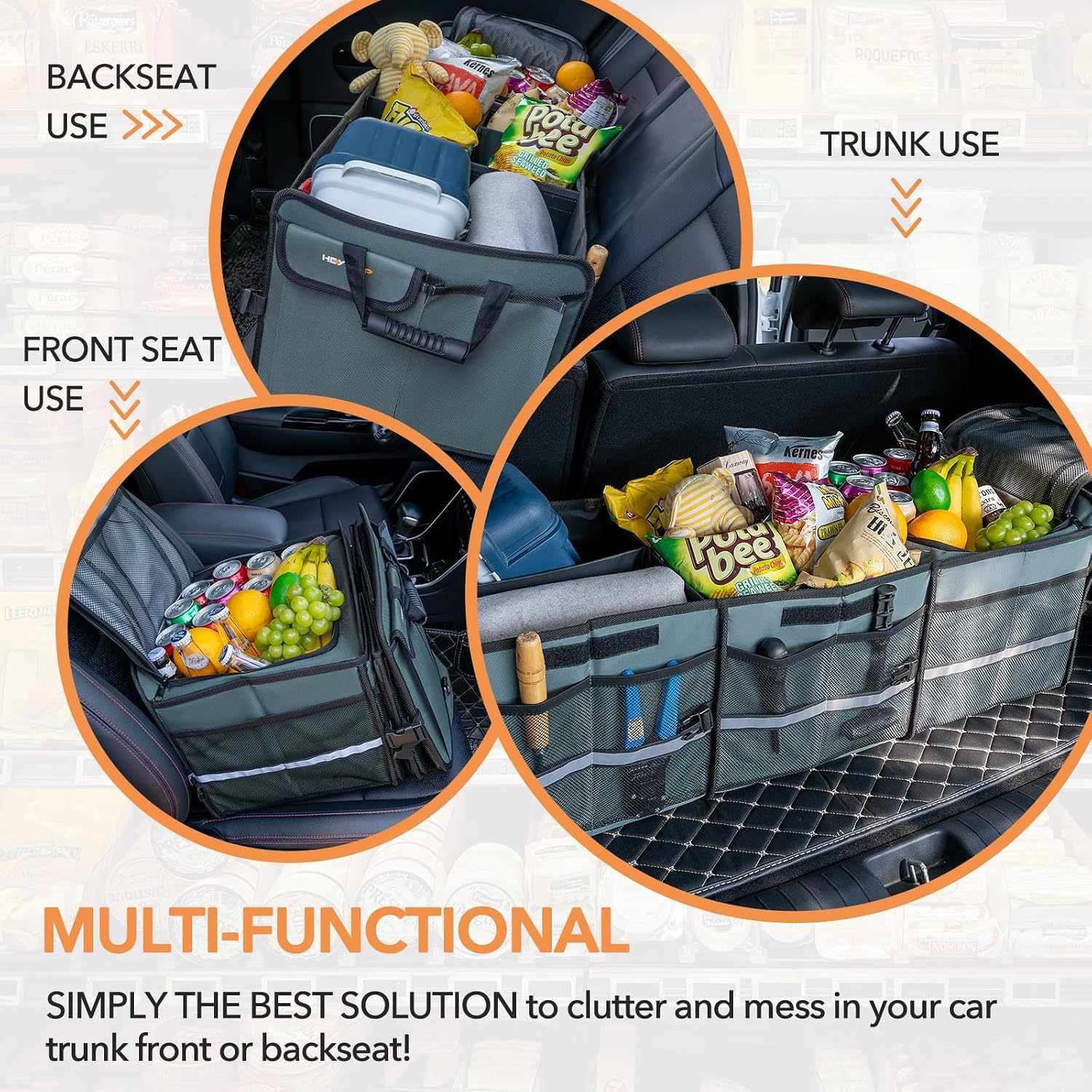 Trunk Organizer With Built-in Leakproof Cooler Bag, 2 Tie-Down Straps, 4 Removable Dividers, Foldable Cover, Built with 2mm PE Board, Gray