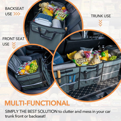 Trunk Organizer With Built-in Leakproof Cooler Bag, 2 Tie-Down Straps, 4 Removable Dividers, Foldable Cover, Built with 2mm PE Board, Gray