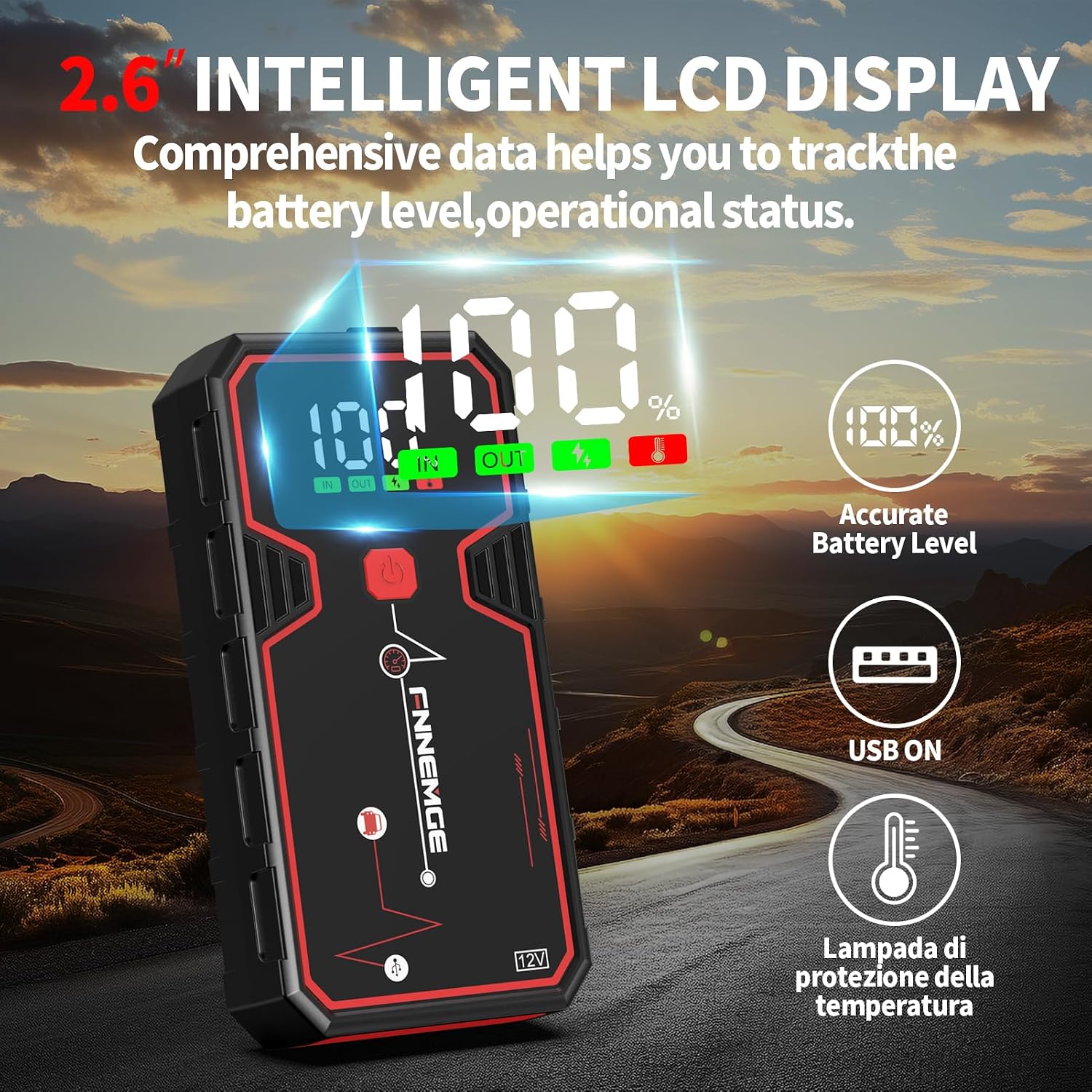 FNNEMGE Car Jump Starter, 5000A Peak 23800mAh 12V Jump Starter Battery Pack(Up to All Gas, 8.0L Diesel Engine),with USB Charge Output Port,LED Light,HD Large Screen