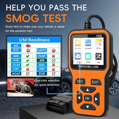 ماسح تشخيصي OBD2 V500، قارئ رموز ضوء المحرك لسيارات البنزين، كاشف الاعطال واداة اعادة الضبط مع تدفق البيانات، مكتبة دي تي سي، جاهزية I/M، فحص الجهد