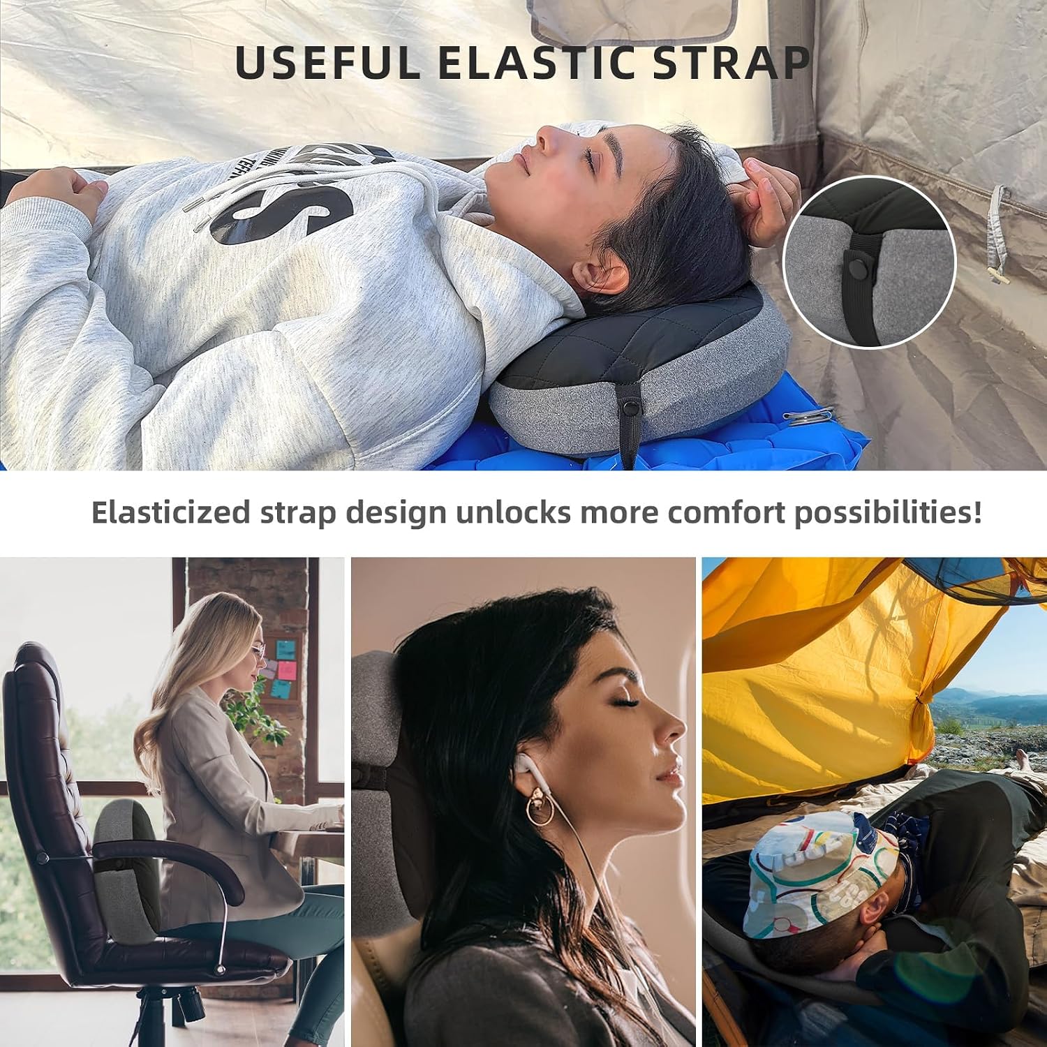 Ultralight Inflatable Camping Pillow with Removable Washable Cover – Compact, Portable Travel Neck Cushion with Adjustable Firmness for Hiking, Office, Airplane, Car & Beach Use (Black)