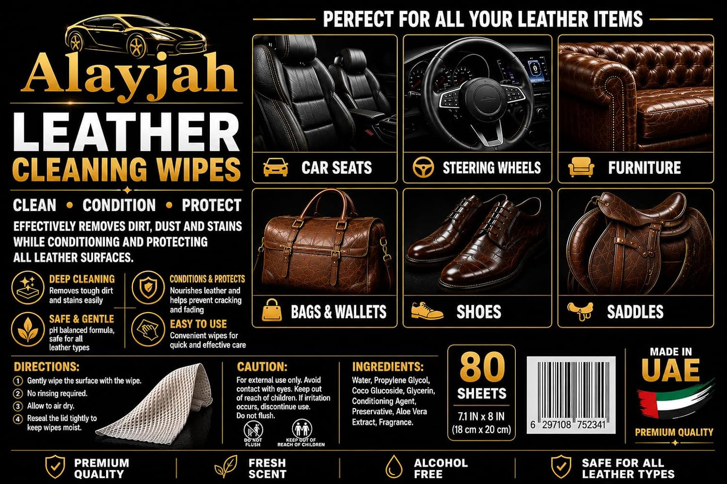 Premium Leather Cleaning Wipes, 80 Sheets, Keep It Clean and Healthy, Easy to Use, Dashboard and Seat Cleaning, Quick Dry, Protect from Crack and Damage, for Car Shoes Furniture 10200010
