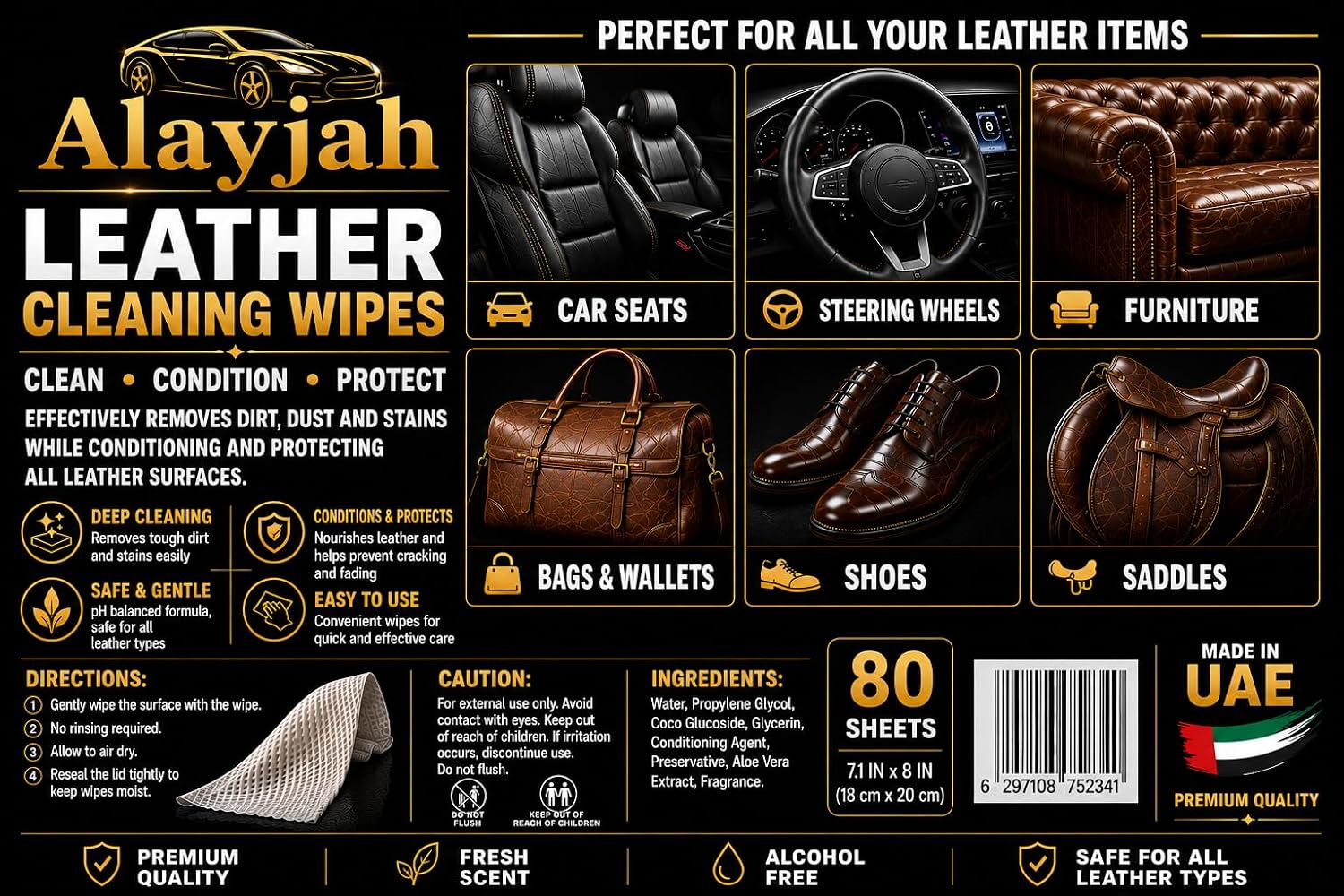 Premium Leather Cleaning Wipes, 80 Sheets, Keep It Clean and Healthy, Easy to Use, Dashboard and Seat Cleaning, Quick Dry, Protect from Crack and Damage, for Car Shoes Furniture 10200010
