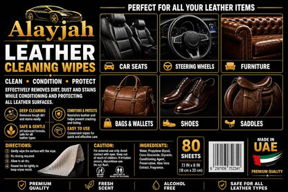 Premium Leather Cleaning Wipes, 80 Sheets, Keep It Clean and Healthy, Easy to Use, Dashboard and Seat Cleaning, Quick Dry, Protect from Crack and Damage, for Car Shoes Furniture 10200010