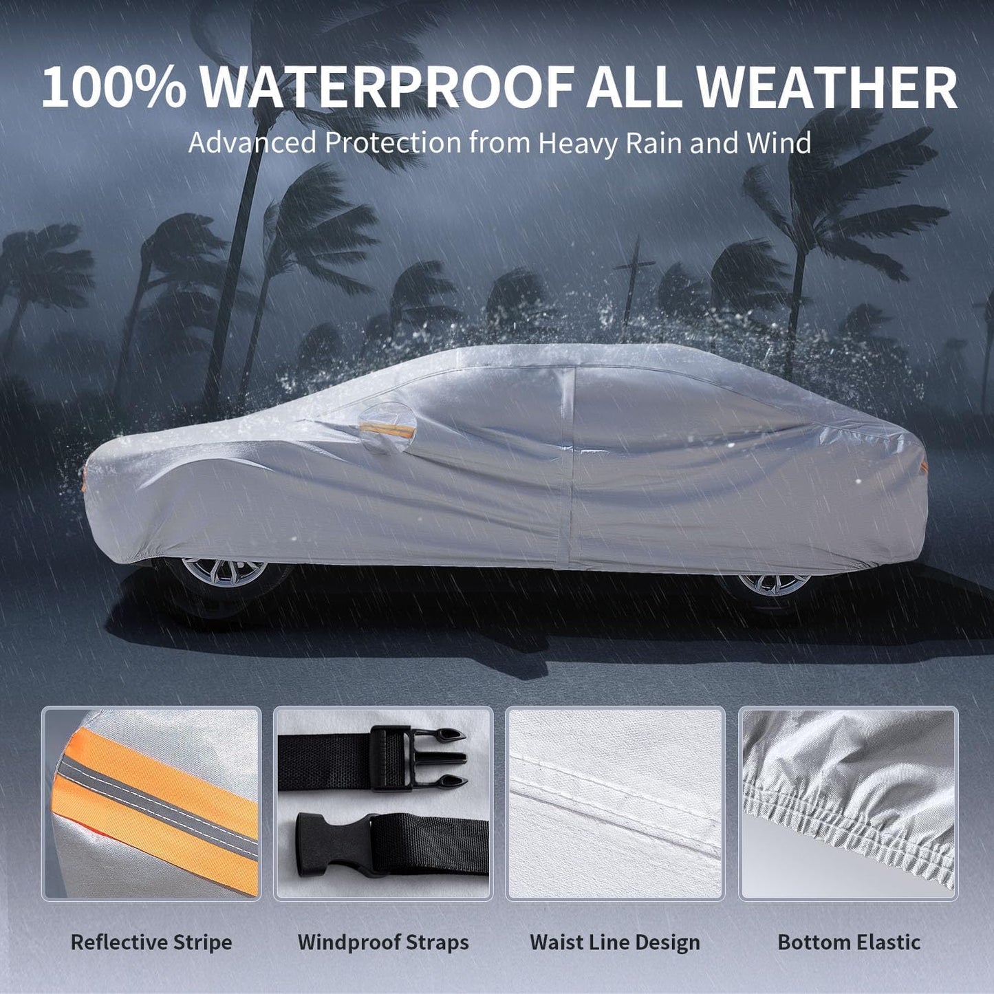 Full Car Cover, All Weather, Heavy Duty Car Covers for Rain Sun UV Protection With Door Zipper, Fits For BMW, Benz ，Lexus，Toyota，Sedans Other Car，Fits Sedan Length 4.5-5.3m (L)