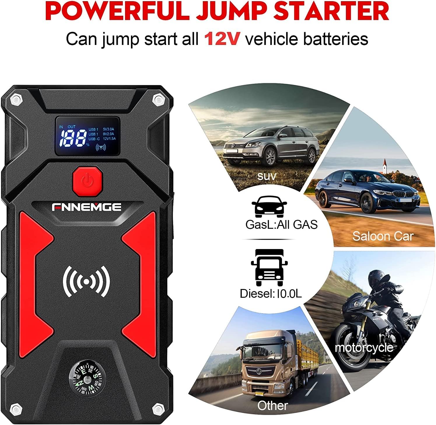 FNNEMGE Car Jump Starter, 6000A Peak 26800mAh Car Battery Starter(Up to All Gas, 10.0L Diesel Engine), with USB Quick Charge 3.0,LED Light, EC-5 Output. …
