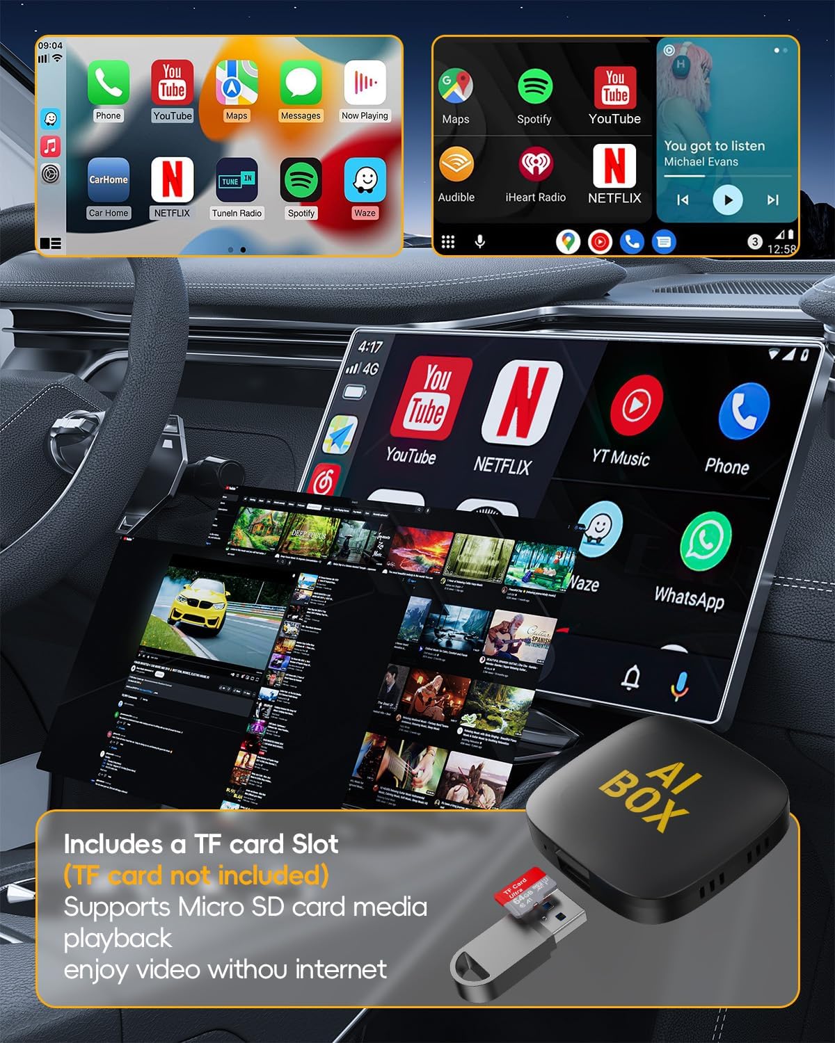 Opluz Wireless CarPlay and Android Auto Adapter 2 in1 Support Netflix/YouTube AI Box Lite for Factory Wired CarPlay Cars with U Disk/TF Card Magic Link CarPlay Ai Box Convert Wireless CarPlay Dongle