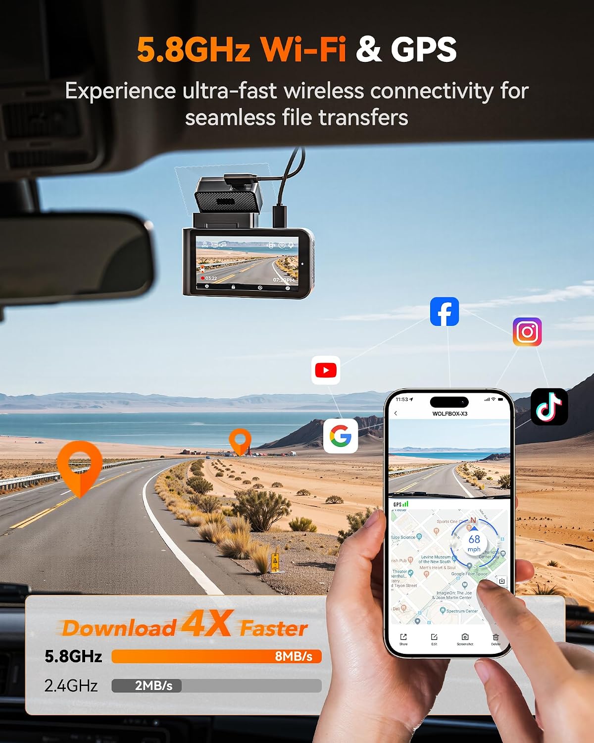 WOLFBOX X3 2.5K 60FPS Dash Camera, STARVIS 2 IMX675 with ADAS, 2.5K+1080P Dual Dashcam Front and Rear Camera, Built-in 5.8GHz WiFi & GPS, Included 64GB Card, Touch Screen, G-Sensor, Loop Recording