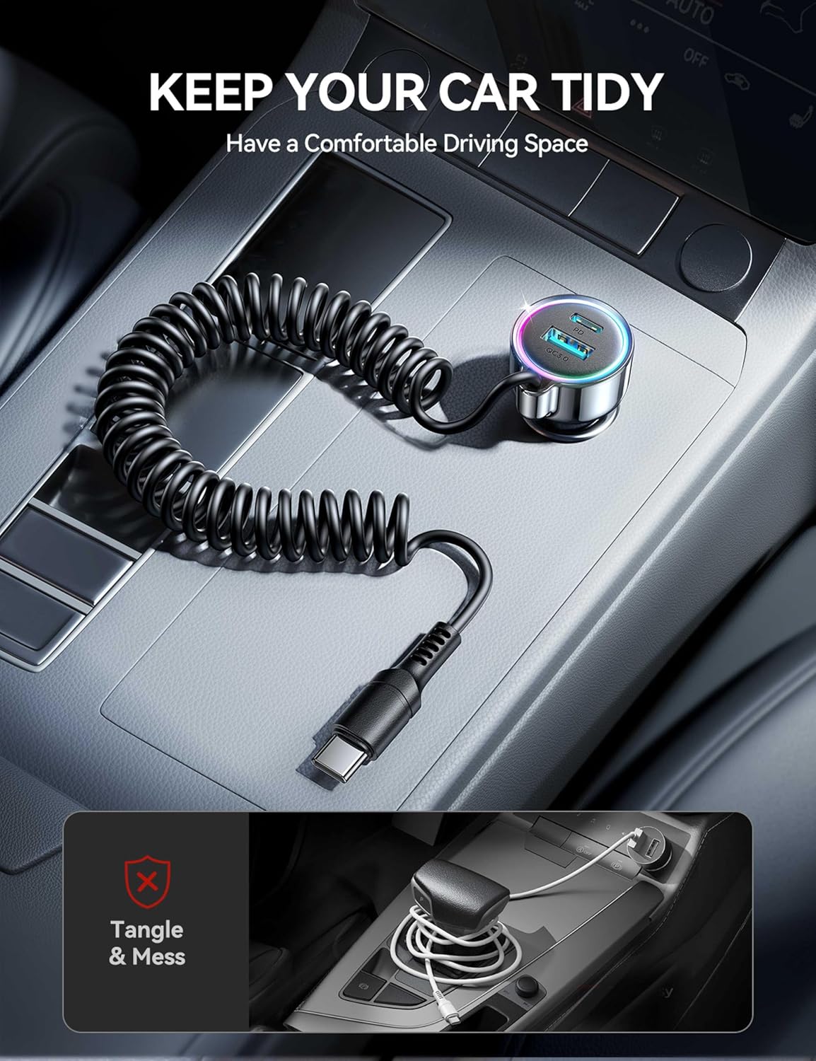شاحن سيارة 2026 90 واط 3 منافذ USB C، PD3.0 وQC3.0، مقبس ولاعة سجائر USB C فائق السرعة مع 5 قدم [حافظ على الترتيب] كيبل ملفوف سريع 45 واط من النوع C لايفون 17 وسامسونج S25