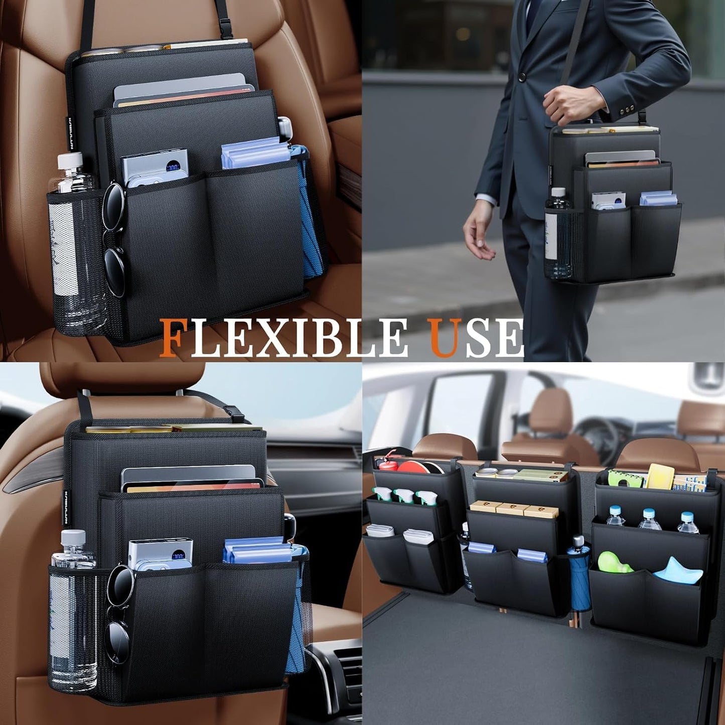 Car Front Seat Organizer with Multi-Layer Hanging Storage & Divider, Oxford Fabric Car Storage Organizer for Front Seat Back & Trunk, Large Capacity, Waterproof, Durable