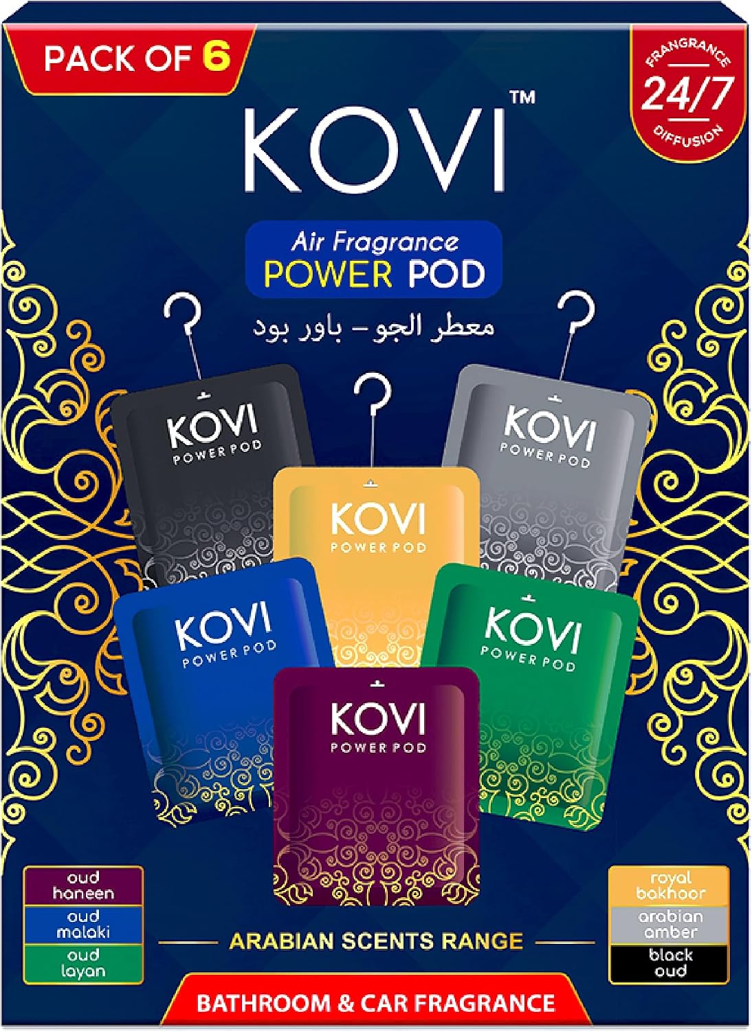 KOVI Air Fragrance Power Pod- Arabian Scents, Premium Oud Collection, 24/7 Fragrance for Bathroom and Car, Essential Oils, Lasts Up to 30 Days, Pack of 6 (10g Each)