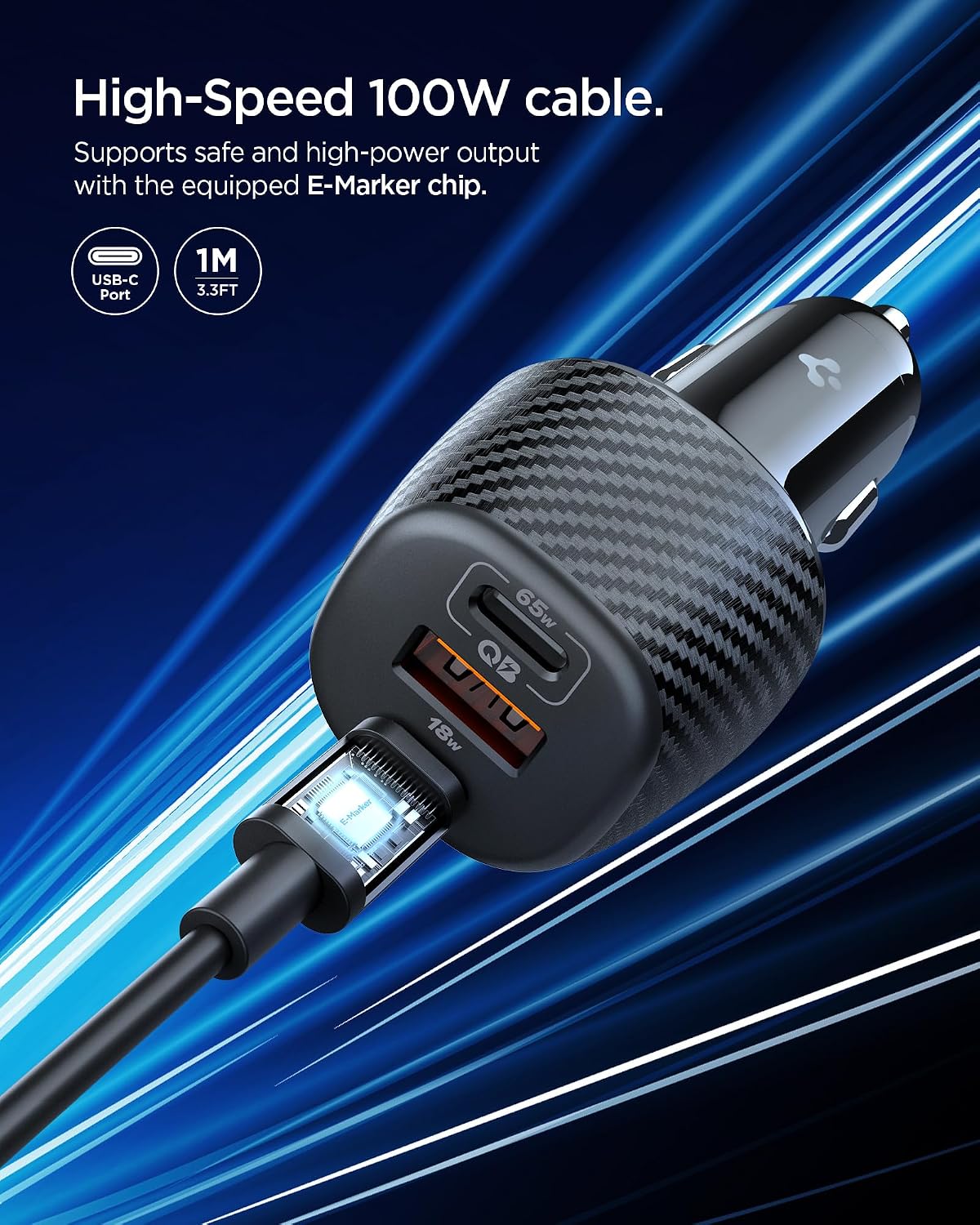 Spigen ArcStation Essential 113W USB C Fast Car Charger [E-Marker Cable Included] 3 Ports Mini Cigarette Lighter Charger, Compatible with iPhone 17 16 Pro Max Samsung S25 Ultra Pixel 10 Pro XL Fold
