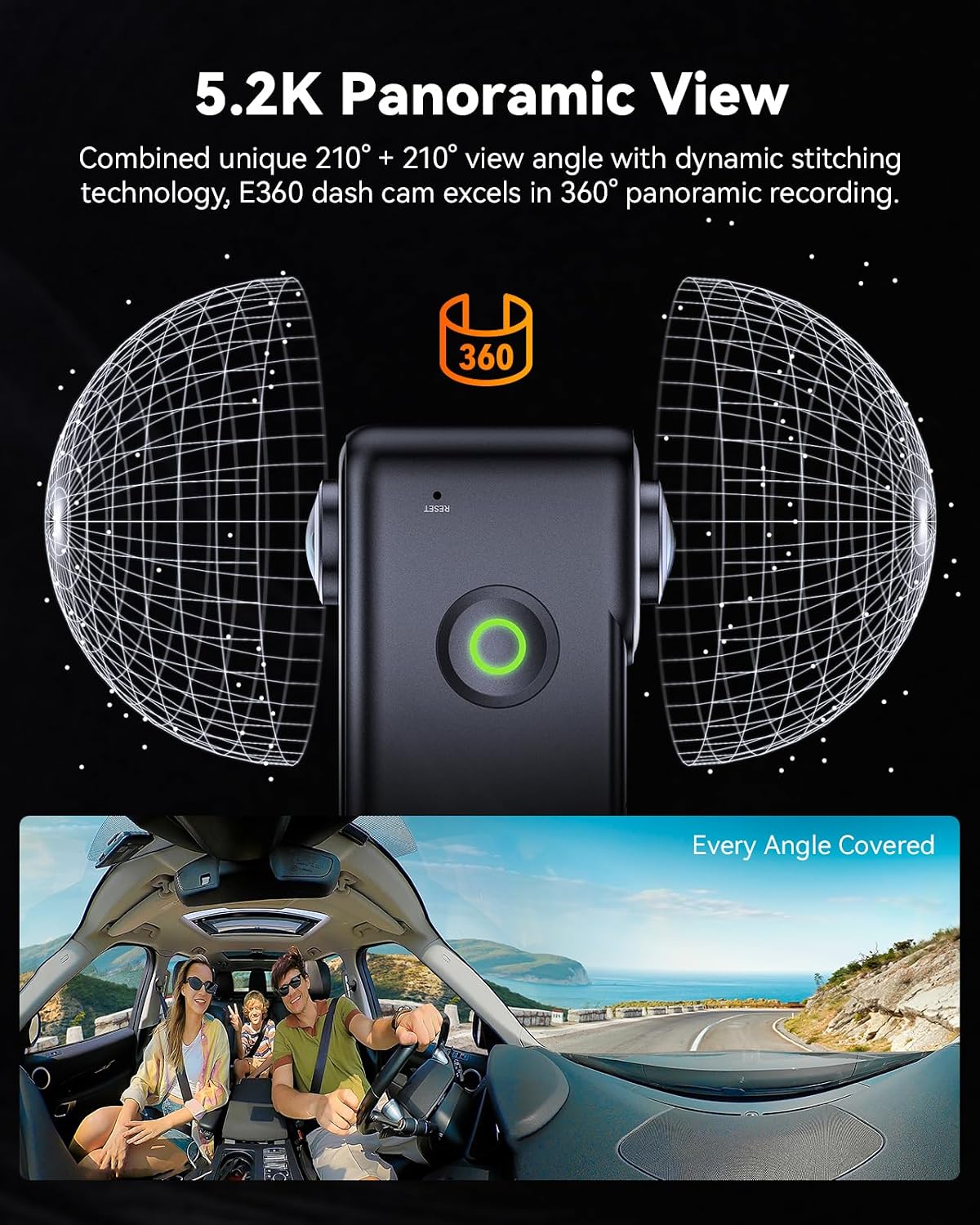 Vantrue E360 ACE 5.2K 360° Panoramic WiFi Dash Cam, Handheld Camera, STARVIS 2, HDR, IR Night Vision, Front Rear Inside Dashcam, Voice/Touch Control, GPS, 24/7 Buffered Parking Mode, Support 512GB Max