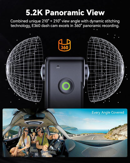Vantrue E360 ACE 5.2K 360° Panoramic WiFi Dash Cam, Handheld Camera, STARVIS 2, HDR, IR Night Vision, Front Rear Inside Dashcam, Voice/Touch Control, GPS, 24/7 Buffered Parking Mode, Support 512GB Max