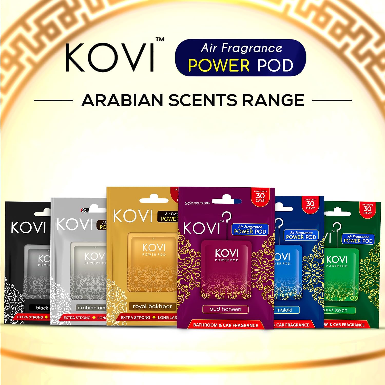 KOVI Air Fragrance Power Pod- Arabian Scents, Premium Oud Collection, 24/7 Fragrance for Bathroom and Car, Essential Oils, Lasts Up to 30 Days, Pack of 6 (10g Each)