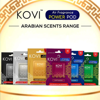 KOVI Air Fragrance Power Pod- Arabian Scents, Premium Oud Collection, 24/7 Fragrance for Bathroom and Car, Essential Oils, Lasts Up to 30 Days, Pack of 6 (10g Each)