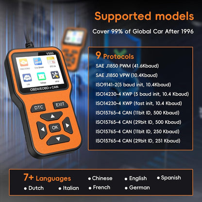 ماسح تشخيصي OBD2 V500، قارئ رموز ضوء المحرك لسيارات البنزين، كاشف الاعطال واداة اعادة الضبط مع تدفق البيانات، مكتبة دي تي سي، جاهزية I/M، فحص الجهد